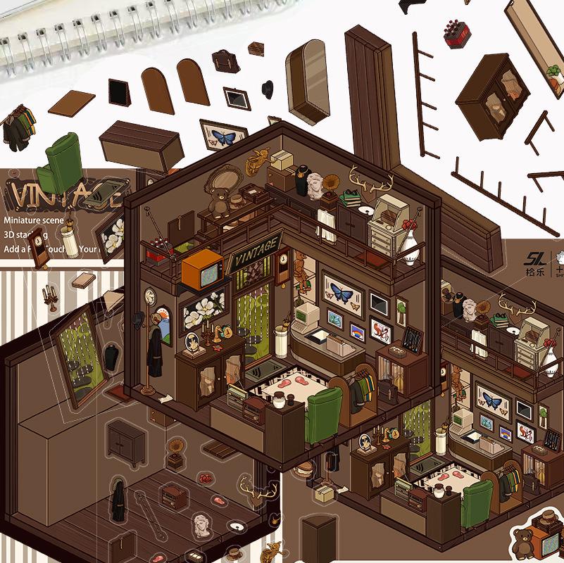 Cartoon Landscape Sticker Bear Bakery Miniature World 3D Hut Unzip DIY Scene Manual Post