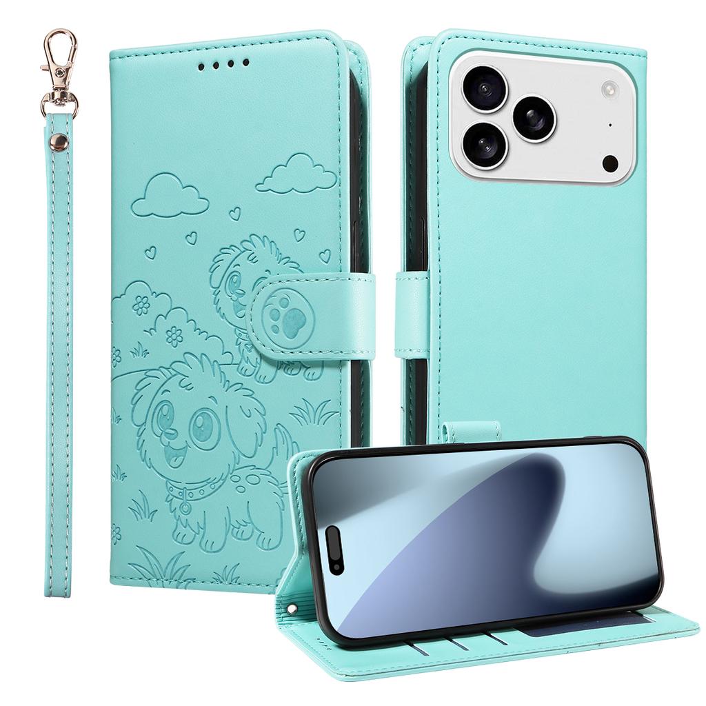 For iPhone 17 Pro Case RFID Blocking Imprinted Dog Pattern PU Leather Phone Cover with Wrist Strap