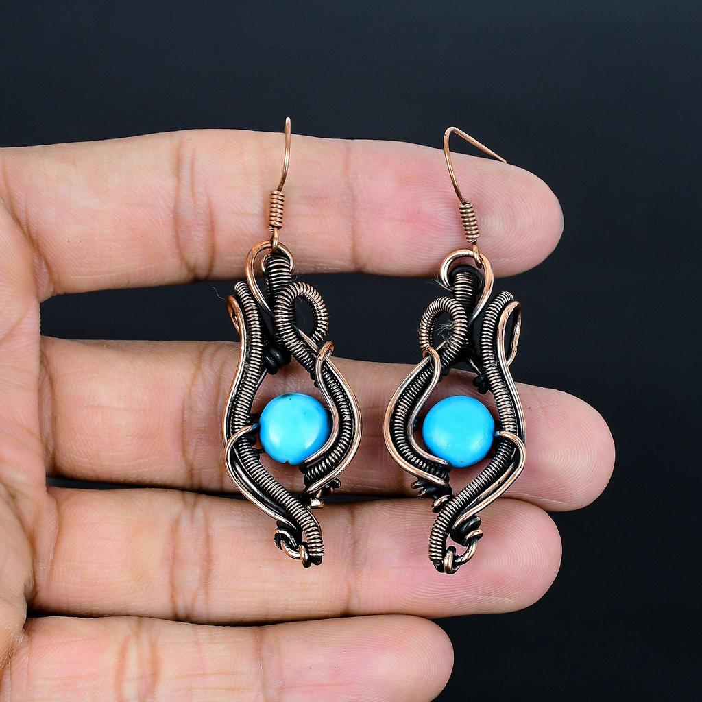 Sleeping Beauty Turquoise Earrings, 999 Copper Wire Wrap Gemstone Jewelry, Handmade Earrings, For Thanksgiving