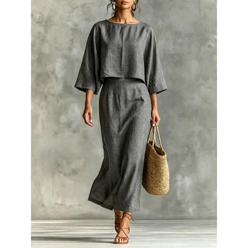 European and American Autumn New Elegant Women's High-waisted Midi Skirt Set, Round Neck Three-quarter Sleeve Loose Women's Top