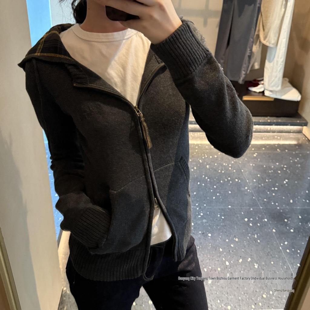 American Retro Plaid Zip Hoodie Cardigan - Slim Fit Sweater Top