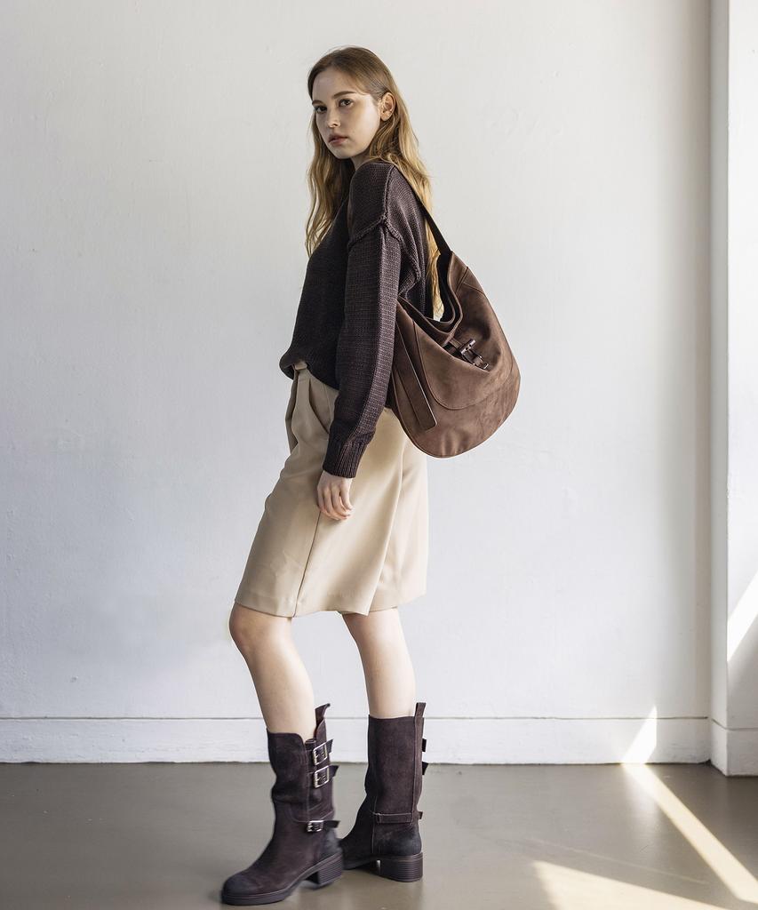 Moiqui Lune Suede Hobo Bag Dk Brown