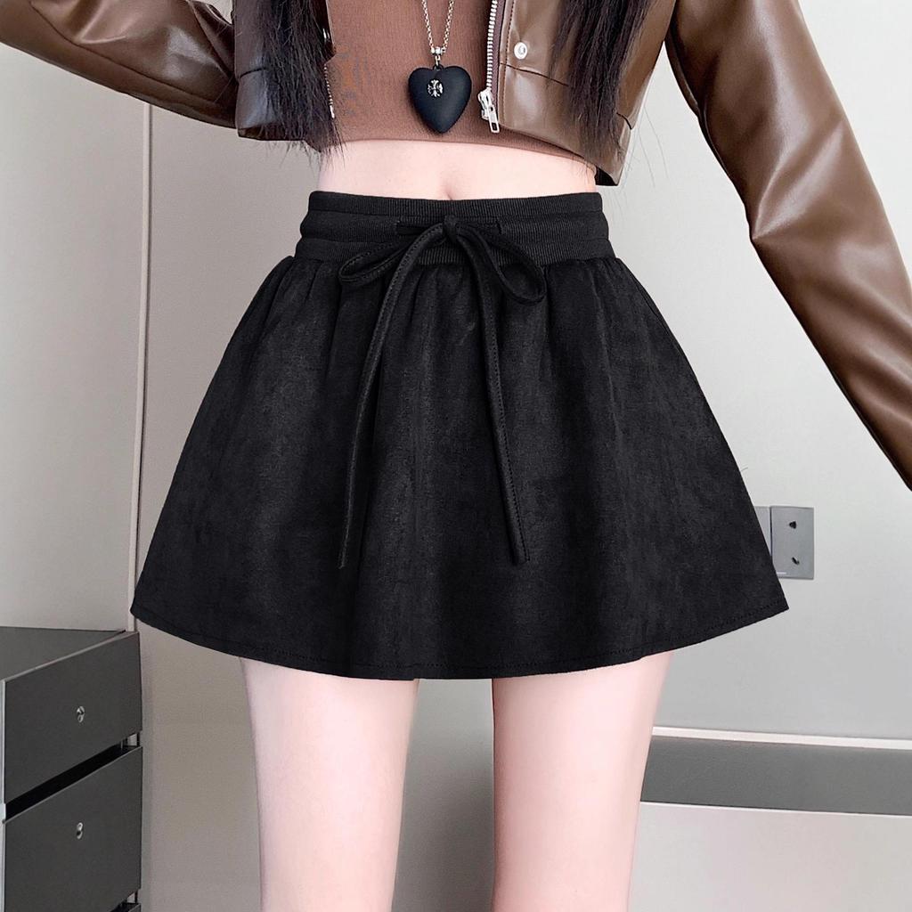Women's Suede Fluff Elastic Waist Anti-exposure A-line Skirt - Autumn/Winter Retro Korean Style Temperament Petite Short Skirt