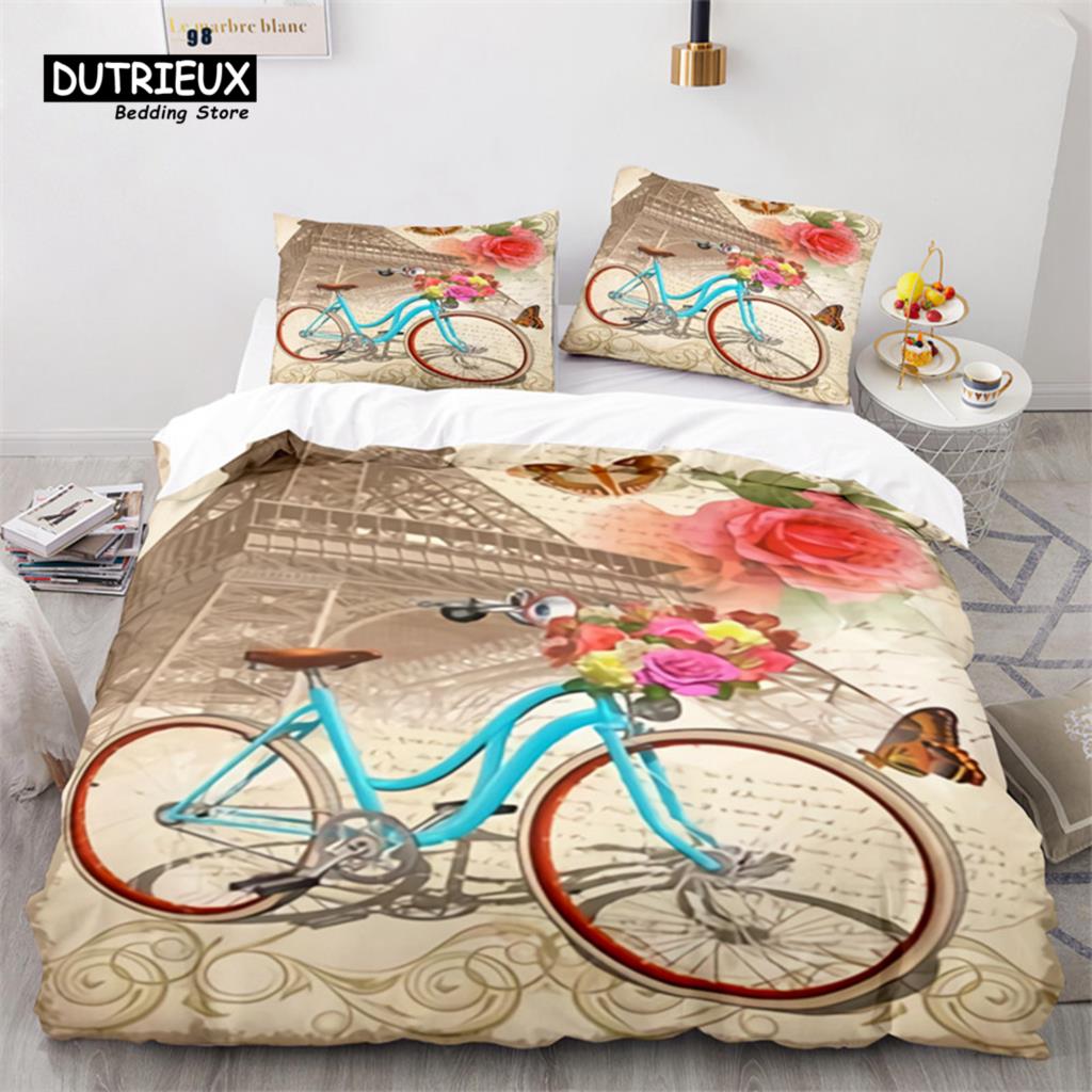 Eiffel Tower Duvet Cover Microfiber Paris Cityscape In The Clouds Bedding Set King Size For Kids Adults Romantic Comforter Cover