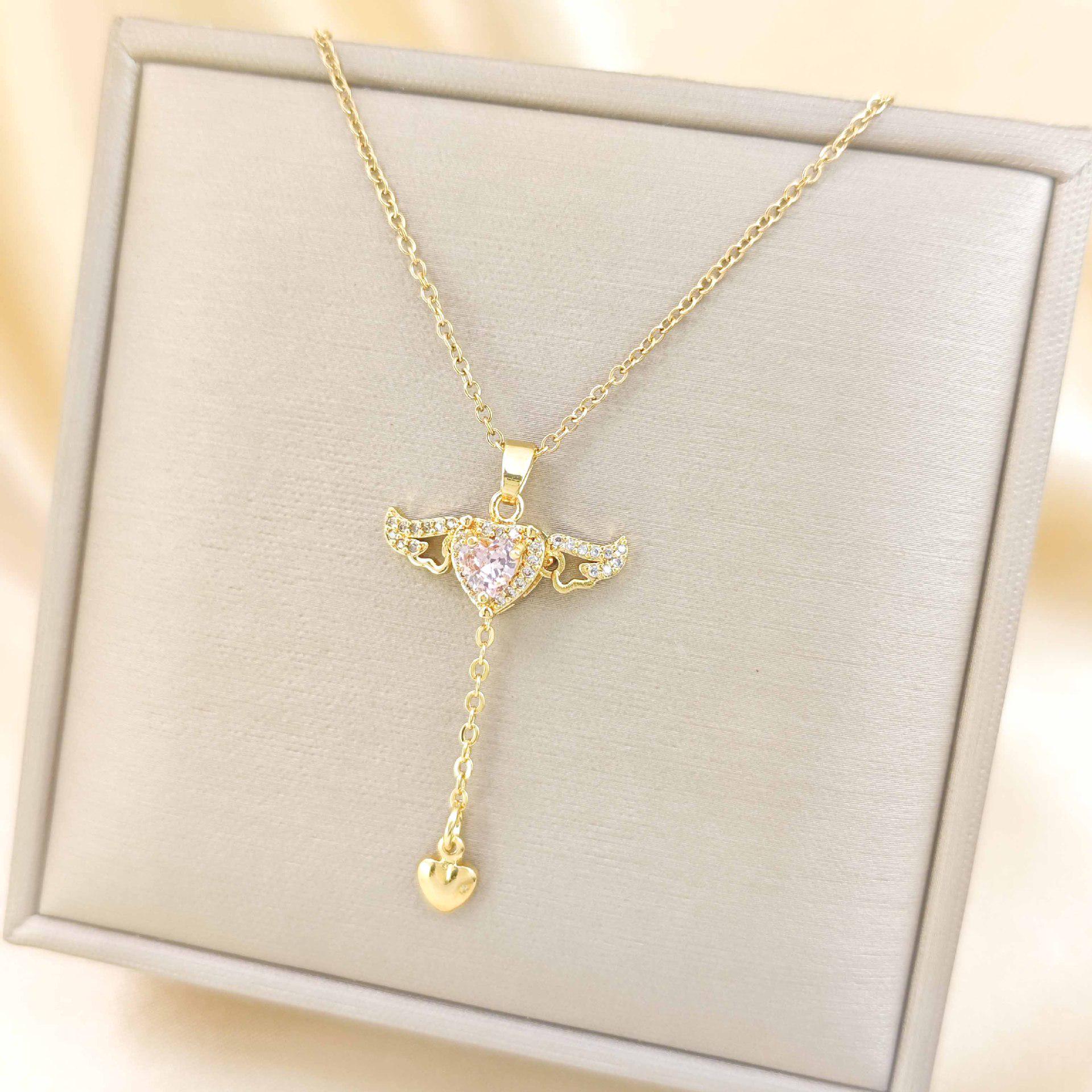 Cupid Angel Wings Heart Necklace with Moving Tassel Pendant for Women