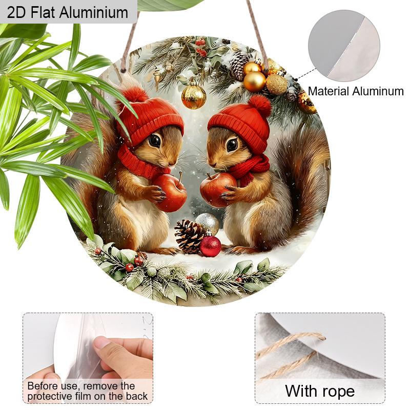 2D Flat Warm Winter Aluminium Christmas Sign with Adorable Squirrel Pattern - Navidad Figurine Ornaments - Ideal for Front Door, Wall, Porch, Fence