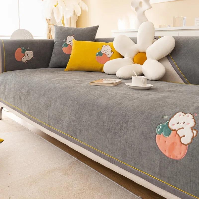 Cartoon Rabbit Sofa Cushion Non-Slip Thickening Sofa Cover Cushion Chenille Living Room Sofa Cover Universal Solid Color Mat