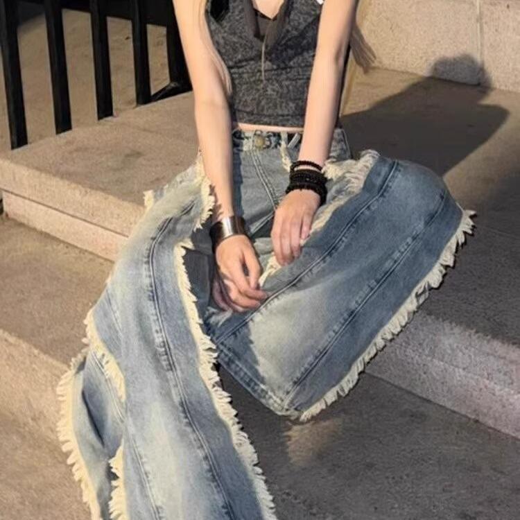 Unisex High-Street Retro Tassel Stitching Wide-Leg Jeans