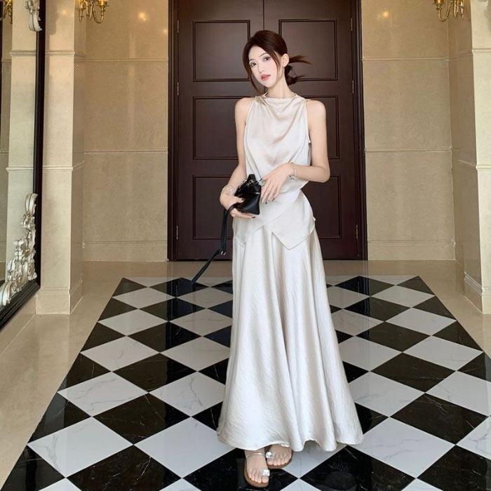 French gentle and elegant set, women s summer elegant tie-up sleeveless top, high-waisted skirt two-piece set S