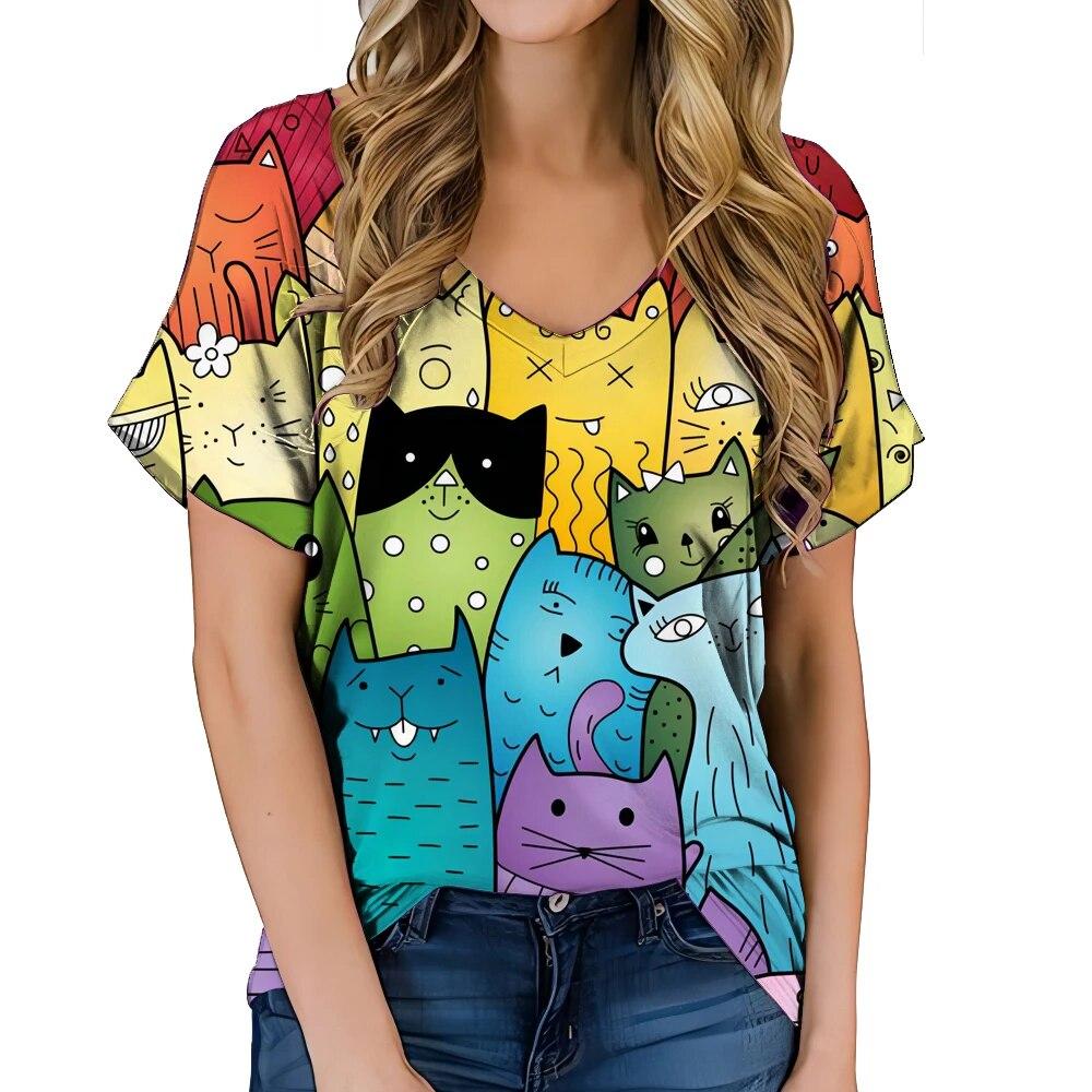 Fashionable Women's Clothing V-neck Kitten Print T-shirt Street Hot Selling Homestay Casual Top Summer Personalized Women Shirt