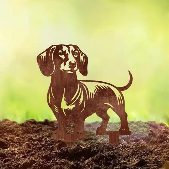 Süße Hund Blumenbeet Dekoration Metall Dackel Gartenstecker, Rostige Tier Silhouette Dekorativer Hof Wetterfester Pfahl Kunst für Draußen Rasen, Weg,