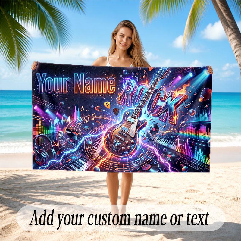 Music Guitar Theme Beach Towel Personalized Custom Name & Text Soft Quick Dry Beach Towel for Swimming Travel