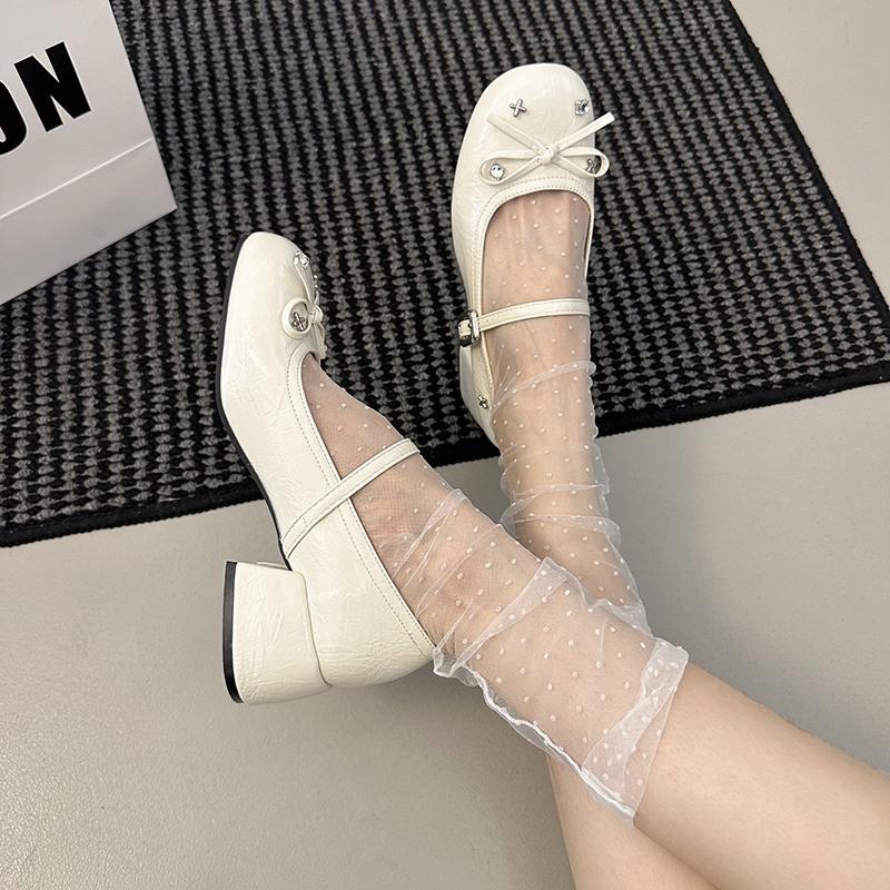 

Fashion Cute Butterfly-knot Mary Jane Shoes for Women Elegant Dress Thick Heel Ladies Footwear Casual Street Style Shoes 35 бежевый