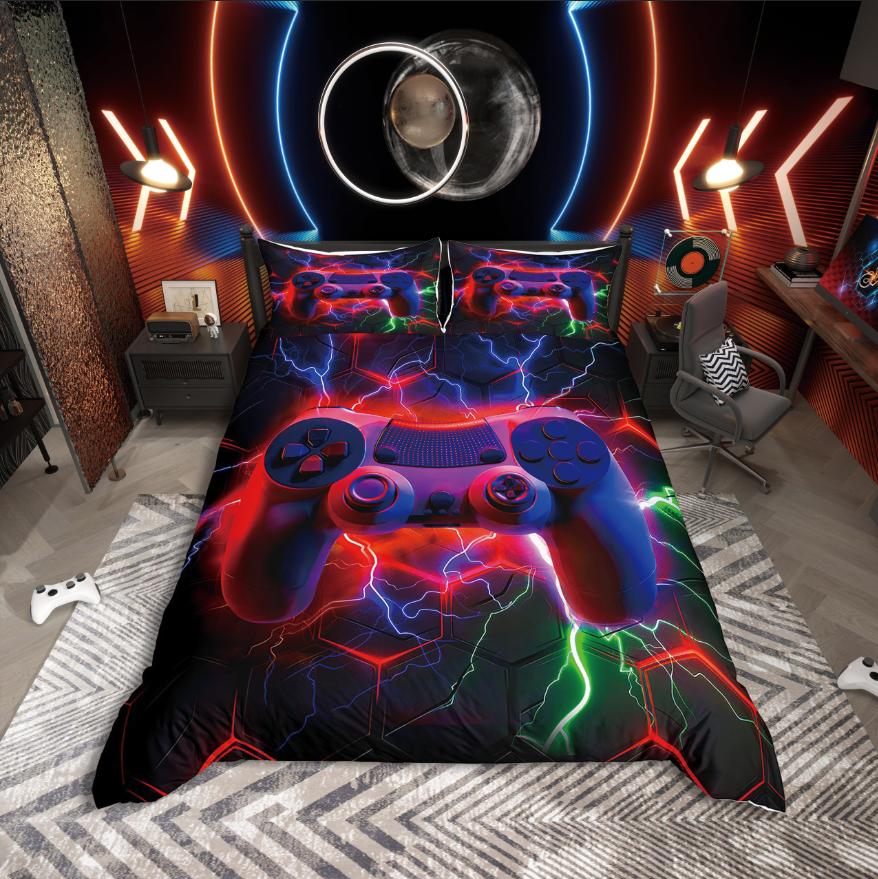 

Homewish Glitter Gamepad Boys Duvet Cover Set,Green Red Honeycomb Geometry Bedding Set,Modern Video Game Reversible Decor DE XS 100x135cm 2pcs&set