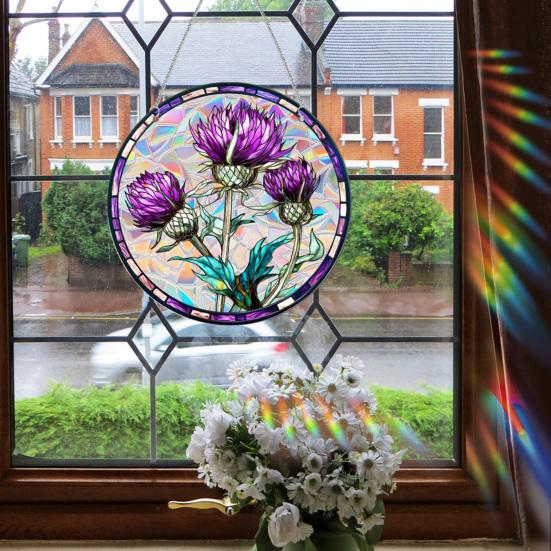 Stained Glass Window Hanging Ornament Colorful Acrylic Suncatcher Panel with Chain