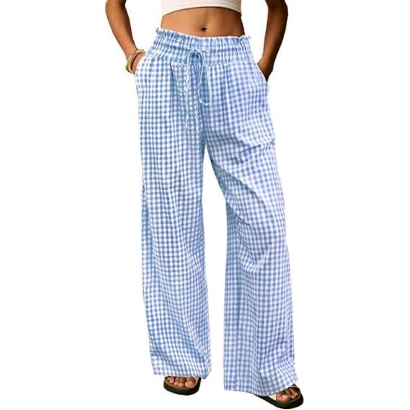 European Plaid Women s Wide-Leg Elastic High-Waist Pajama Pants with Drawstring Medium синий