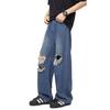 American high street black ripped jeans men's and women's summer new ins trendy brand straight loose mopping wide-leg pants