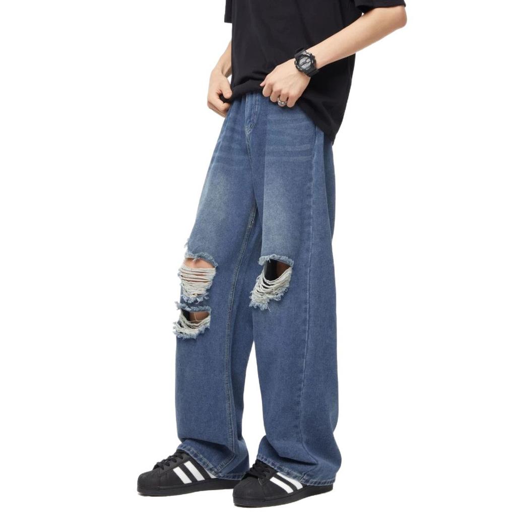 American high street black ripped jeans men's and women's summer new ins trendy brand straight loose mopping wide-leg pants