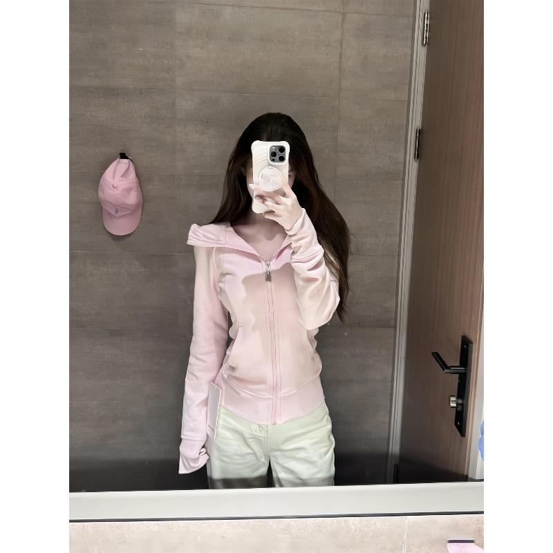 b blue slim-fit hooded sweater jacket women's autumn and winter velvet shoulder waist yoga clothes short tight top