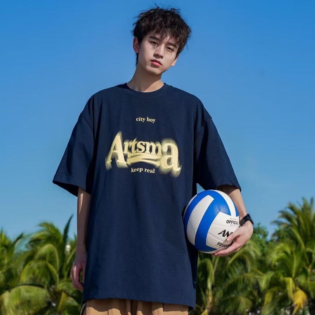 

Новая летняя футболка с короткими рукавами для мужчин, тренд в корейском стиле, простой топ с короткими рукавами, свободная повседневная брендовая футболка в гонконгском стиле 5XL темно-синий