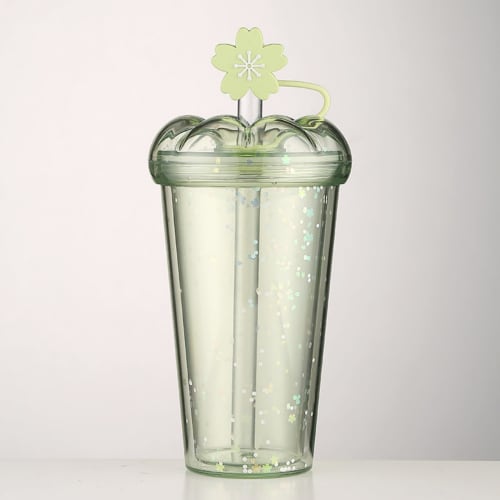 FLYILIA Tumbler with Straw, Plastic Straw Cup, Cherry Blossom Design, Double-Walled Water Bottle with Lid, Stylish Heat and Cold Resistant, Vacuum Ins
