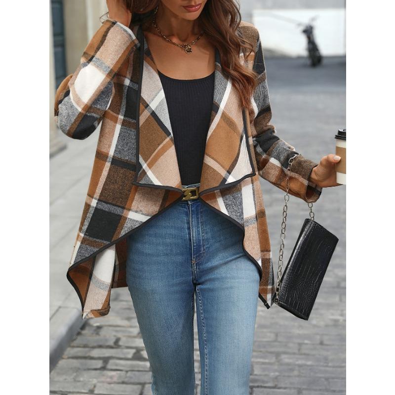 Damska jesienna koszula w temperamentnym stylu commuterowym we wzory z długim rękawem, nieregularny kardigan bez guzików