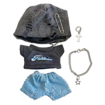 Set berretto, T-shirt, pantaloni e collana per bambola da 10 cm, grigio. Perfetto per peluche, kigurumi, accessori e come mascotte o costume per bambole k-pop.
