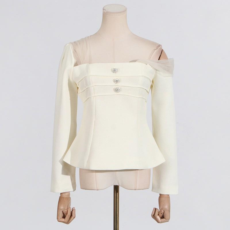 Niche Design Temperament Sloping Shoulders Waist Top With Lace Mesh Skirt Suit Women