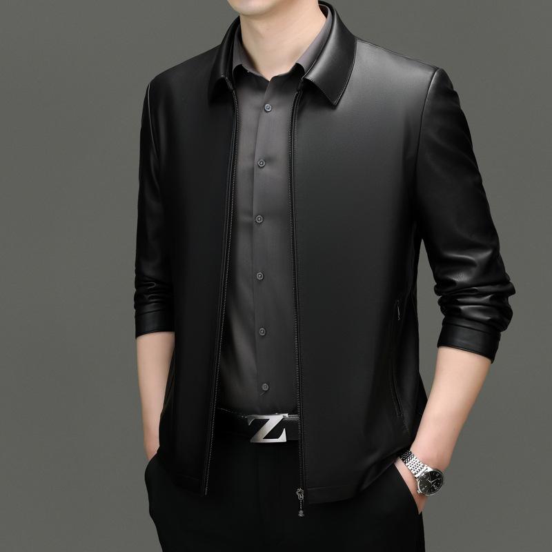 Men's High-End Genuine Sheepskin Leather Jacket, Business Casual Stand-Up Collar, Fleece-Lined for Middle-Aged.