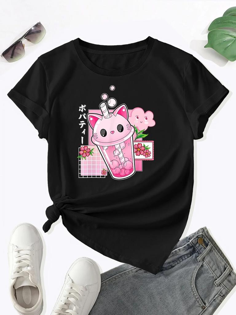 Boba Tea Cat Bubble Print T-Shirt, Kawaii Crew Neck Short Sleeve T-Shirt For Spring & Summer, WoUnisex Clothing Unisex