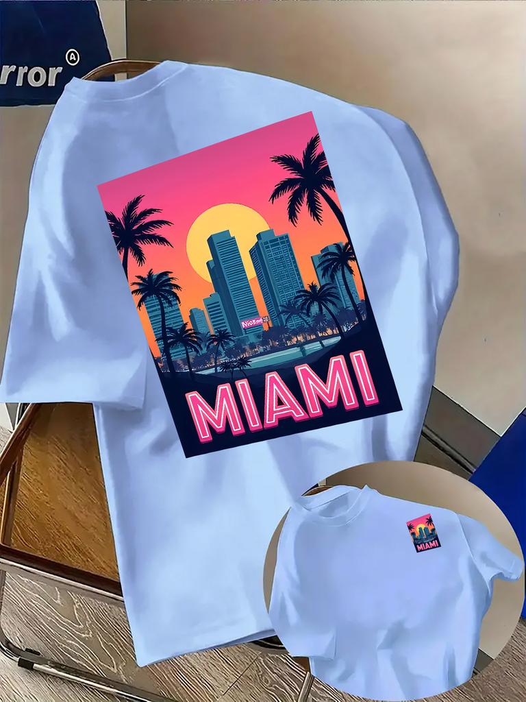 Miami City Sunset Skyline Print on Premium Soft Mens T Shirt Perfect for Summer Casual Vacation Streetwear Style