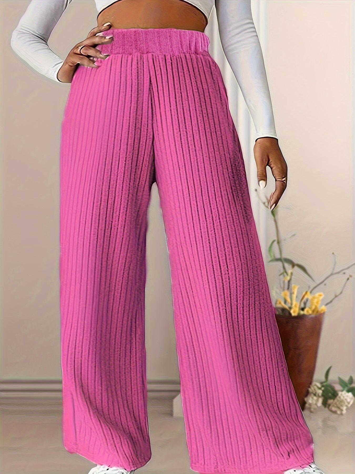 

Plus Size Ribbed Wide-Leg Floor-Length Pants: Cozy Lazy Style Trousers XL яркий розовый