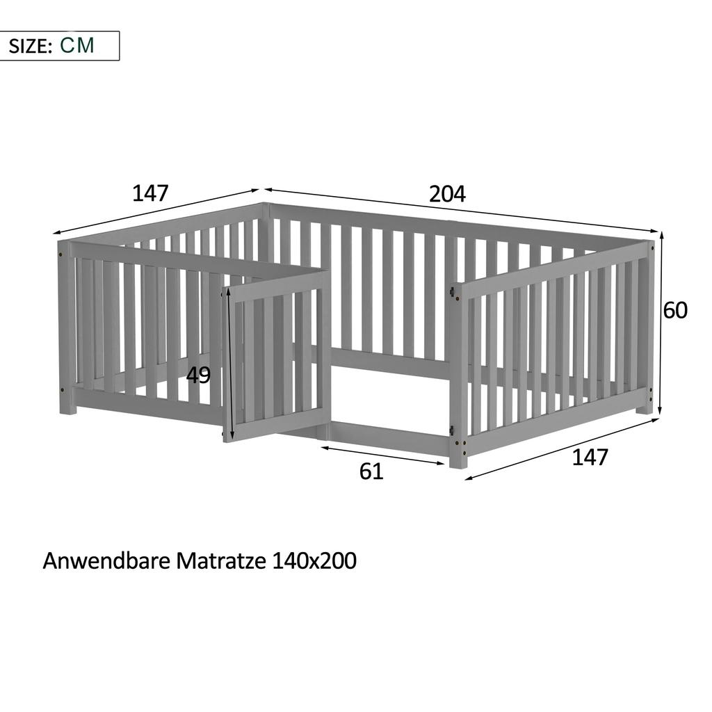 Kinderbett 140x200cm, Bodenbett mit Tür für Kinder Mädchen & Junge, Grau (Ohne Lattenrost & Matratze)