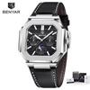 BENYAR Mens Square Watch 37mm Quartz Wristwatch Moon Phase Date Week 24 Hours Display Steel / Leather Strap Waterproof Luminous