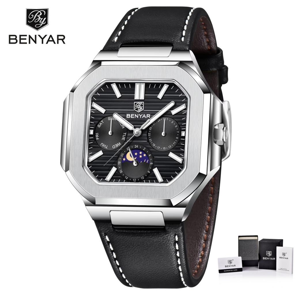 BENYAR Mens Square Watch 37mm Quartz Wristwatch Moon Phase Date Week 24 Hours Display Steel / Leather Strap Waterproof Luminous