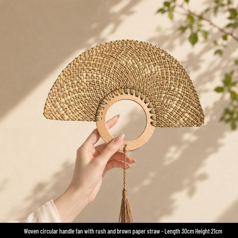 Tai Life Women's Handmade Wabi-sabi Cattail Fan: Artistic Summer Rattan Craft, Chinese Style Intangible Heritage Round Fan