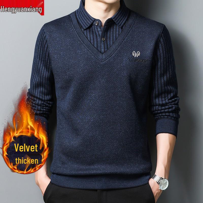 Hengyuanxiang Men's Pure Cashmere Two-Piece Look Thickened Winter Sweater