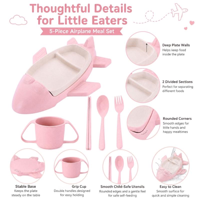 Toddler Dinnerware Set with Cartoon Tray and Cup, 5 Piece Baby Feeding Set with Spoon Fork and Chopsticks for Family Dining