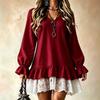 Abito da donna con scollo a V, maniche lunghe, orlo arricciato e bordi in pizzo, Colore, Elegante