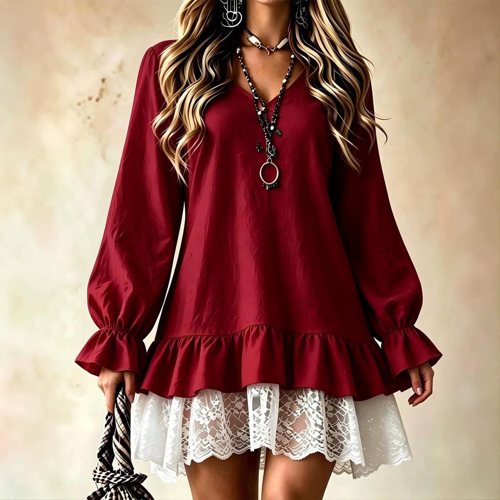Abito da donna con scollo a V, maniche lunghe, orlo arricciato e bordi in pizzo, Colore, Elegante