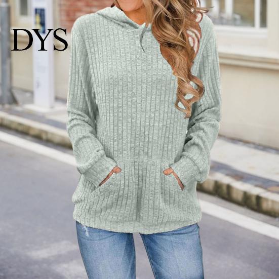 Warm Long-sleeve Sweater Women Knitted Hooded Long Sleeve Loose Fit Ribbed Knitting Pullover Tops with Pockets Casual Solid Color Autumn Knitwear