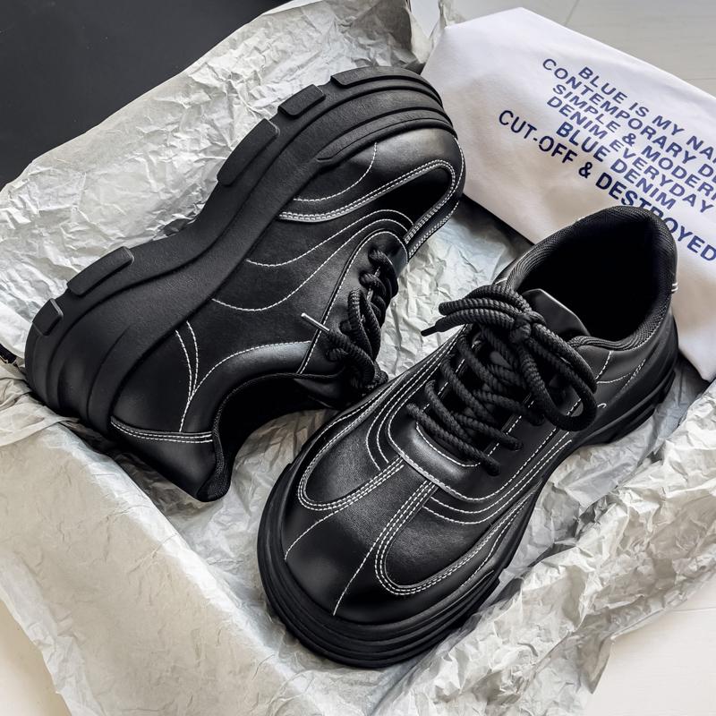 New Men's Casual Leather Shoes Thick-soled Retro Round-toe Derby Shoe Outdoor Sports Black Small Leather Shoes Men Casual Shoe