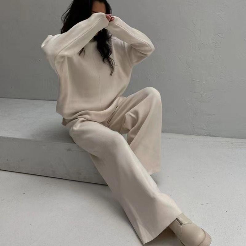 

Fashion Loose Casual Sweater Knitting Top and Trousers Suit Knited Sweater Trousers Set Apricot Suit One size