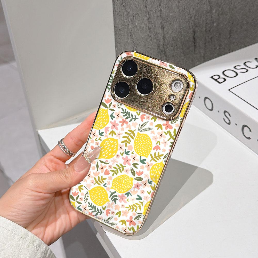 Lucky Start Phone Case For iPhone 17 16 15 14 13 12 11 Pro Max 16E Gold Electroplated Glass Shell Lemon Blossom Cover