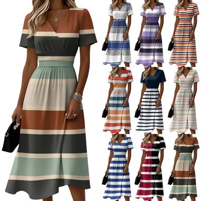 Ladies' Striped Casual Fashion Short Sleeved V-neck Dress
