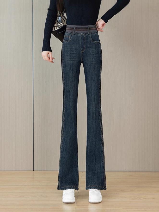 Women's High Waist Velvet-Lined Denim Flare Pants – Warm, Elastic, Slimming & Trendy