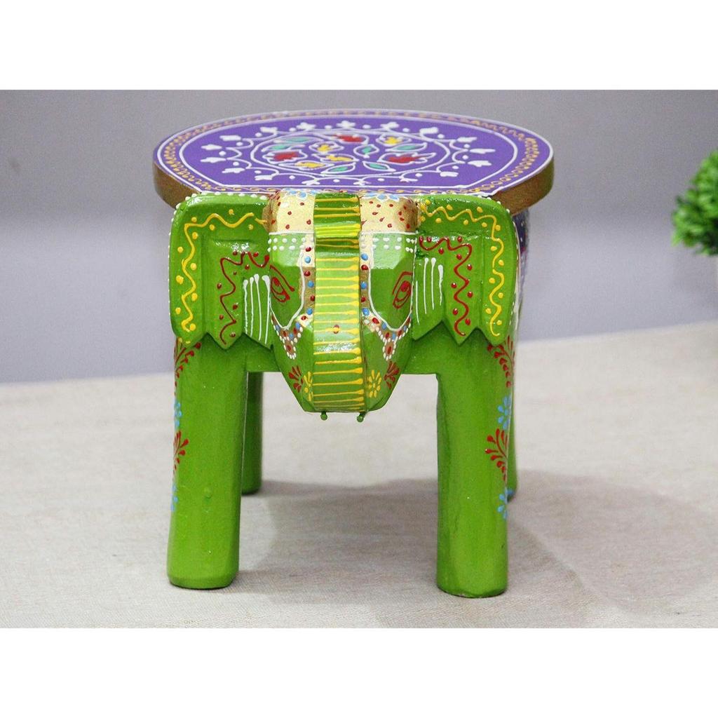 Handcrafted and Emboss Painted Colorful Wooden Elephant Stool/Side Table for Home/Office/Living or Bedroom Decor (Green)