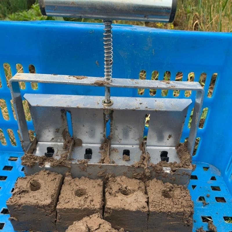 Mașină de făcut blocuri de pământ din metal cu 4 celule, îmbunătățită, cu mâner confortabil, unealtă manuală pentru blocuri de pământ pentru începerea grădinăritului