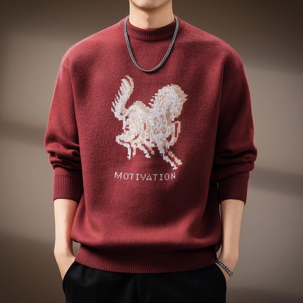 Men's Zodiac Year Horse Print Retro Knit Sweater