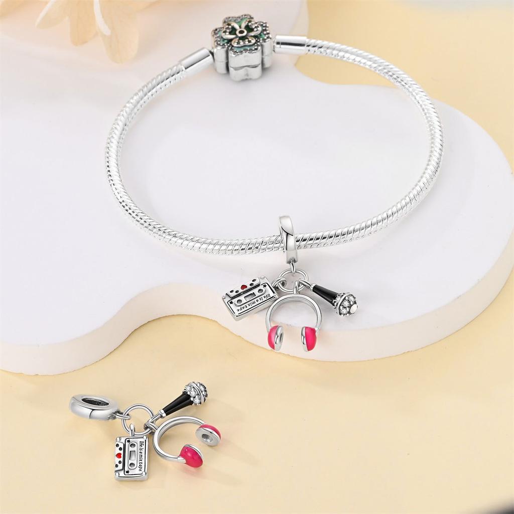 925 Silver Beaded Bracelet Headphones Tape Guitar Saxophone Pendant DIY Style Beaded Jewelry